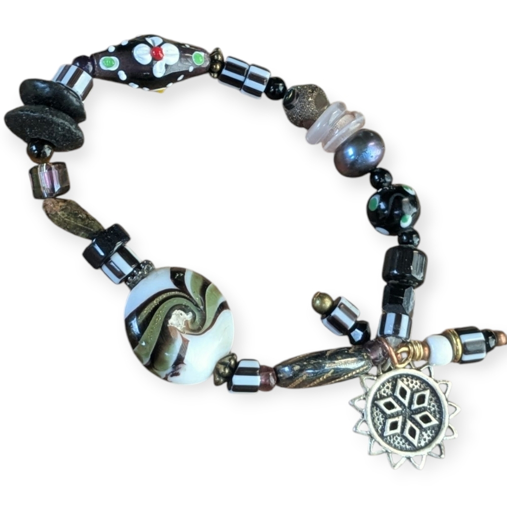Artisan Beaded Stretch Bracelet with Silver Charm